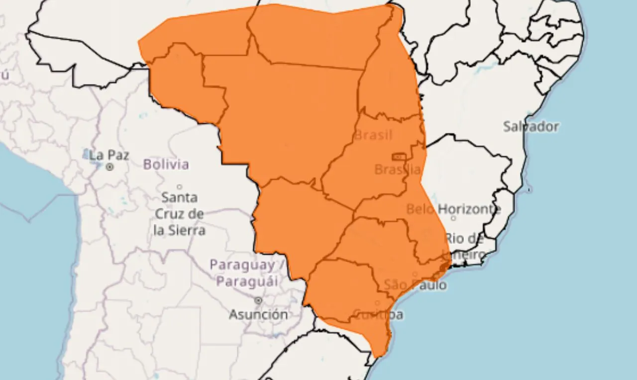 Trata-se de um alerta laranja para chuvas e ventos intensos em boa parte do Brasil